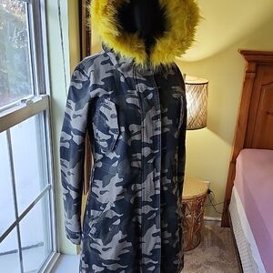 Camouflage Parka with Yellow Fur Hood